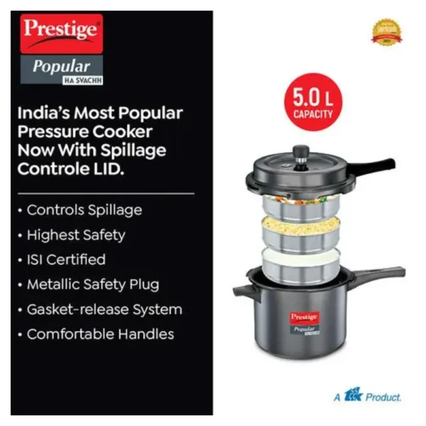 Prestige Svachh Hard Anodised 5 Litre Pressure Cooker with Spillage Control Outer Lid | Durable HA Body | Model 20337 Prestige Svachh Hard Anodised 5 Litre Pressure Cooker with Spillage Control Outer Lid | Durable HA Body | Model 20337