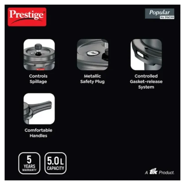 Prestige Svachh Hard Anodised 5 Litre Pressure Cooker with Spillage Control Outer Lid | Durable HA Body | Model 20337 Prestige Svachh Hard Anodised 5 Litre Pressure Cooker with Spillage Control Outer Lid | Durable HA Body | Model 20337