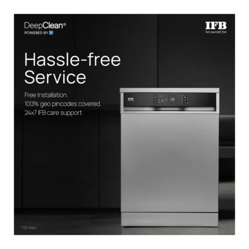 The IFB Neptune VX15 15 Place Freestanding Dishwasher is built to deliver powerful, hygienic, and effortless cleaning for Indian households. Equipped with DeepClean® Technology and a 360° Jet Wash Double Arm Spray, it ensures thorough cleaning of even heavily soiled kadhais, pressure cookers, and large utensils. The 70°C hot water wash combined with an Active Anti-Microbial Filter guarantees superior hygiene, while the Turbo Drying System leaves dishes spotless and ready to use. With a spacious 3rd cutlery tray, Flexi Half Load option, and height-adjustable upper basket, it offers excellent loading flexibility for everyday needs. Designed for efficiency, it comes with A++ energy rating, inbuilt water softener for hard water conditions, and low water consumption, making it an ideal modern kitchen upgrade for Indian homes seeking convenience, hygiene, and savings with DeepClean® Technology, 70°C Hot Wash, Turbo Drying & Anti-Bacterial Filter for Indian Utensils The IFB Neptune VX15 15 Place Freestanding Dishwasher is built to deliver powerful, hygienic, and effortless cleaning for Indian households. Equipped with DeepClean® Technology and a 360° Jet Wash Double Arm Spray, it ensures thorough cleaning of even heavily soiled kadhais, pressure cookers, and large utensils. The 70°C hot water wash combined with an Active Anti-Microbial Filter guarantees superior hygiene, while the Turbo Drying System leaves dishes spotless and ready to use. With a spacious 3rd cutlery tray, Flexi Half Load option, and height-adjustable upper basket, it offers excellent loading flexibility for everyday needs. Designed for efficiency, it comes with A++ energy rating, inbuilt water softener for hard water conditions, and low water consumption, making it an ideal modern kitchen upgrade for Indian homes seeking convenience, hygiene, and savings with DeepClean® Technology, 70°C Hot Wash, Turbo Drying & Anti-Bacterial Filter for Indian Utensils