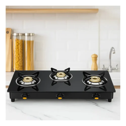 V-Guard Idalia 3 Burner Glass Top Gas Stove | HD Brass Burners & Toughened Glass Cooktop