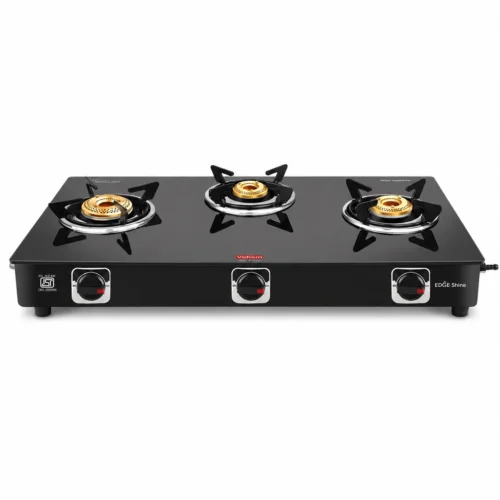 Vidiem Edge Shine 3 Burner Gas Stove | Toughened Glass Top & Heavy Brass Burners