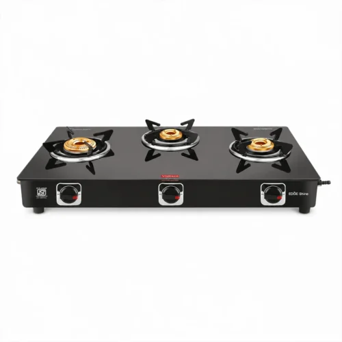 Vidiem Edge Shine 3 Burner Glass Top Gas Stove | Toughened Glass | Brass Burners | Manual Ignition