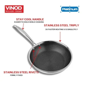 Vinod X Platinum Stainless Steel Fry Pan 3 Litre Durable Cookware for Frying, Sautéing & Everyday Cooking