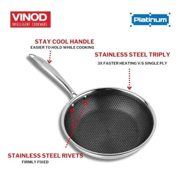 Vinod X Platinum Stainless Steel Fry Pan 3 Litre Durable Cookware for Frying, Sautéing & Everyday Cooking