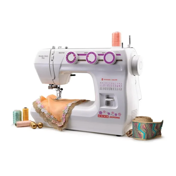 USHA Wonder Stitch Plus Automatic Sewing Machine with Cover | 23 Built-in Stitches, One-Step Buttonhole & Free Arm Design USHA Wonder Stitch Plus Automatic Sewing Machine with Cover | 23 Built-in Stitches, One-Step Buttonhole & Free Arm Design