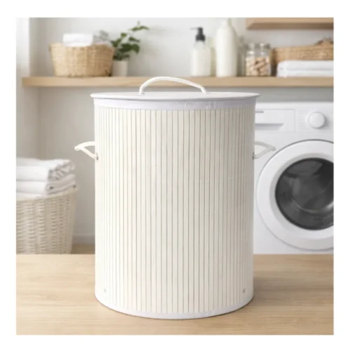 AJS5 Laundry Basket D33-32 Premium Bamboo Frame Fabric Laundry Hamper with Lid for Home Storage AJS5 Laundry Basket D33-32 Premium Bamboo Frame Fabric Laundry Hamper with Lid for Home Storage