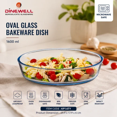 Dinewell Glass Bakeware Oval 1600ml | Borosilicate Oven Safe Baking Dish for Microwave, Freezer & Kitchen Use - Transparent Dinewell Glass Bakeware Oval 1600ml | Borosilicate Oven Safe Baking Dish for Microwave, Freezer & Kitchen Use - Transparent