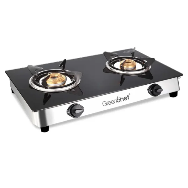 Greenchef Namo 2 Burner Glass Top Gas Stove with Jumbo Brass Burners, Manual Ignition, Black Greenchef Namo 2 Burner Glass Top Gas Stove with Jumbo Brass Burners, Manual Ignition, Black