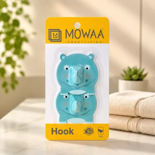 MOWAA SS Plastic Hook HK-012 Self Adhesive Wall Hook | Cute Hippo Cartoon Hooks for Home & Kitchen Organization