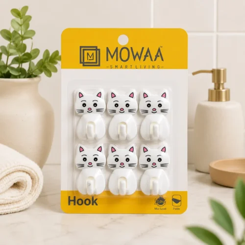 MOWAA SS Plastic Hook HK 058 White Cartoon Cat Self Adhesive Wall Hook for Kitchen, Bathroom & Home Organization