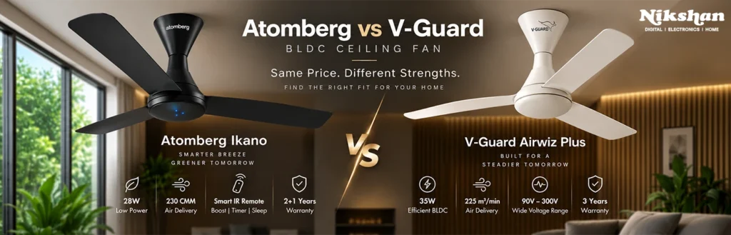 Atomberg vs V-Guard BLDC fan power and price comparison table