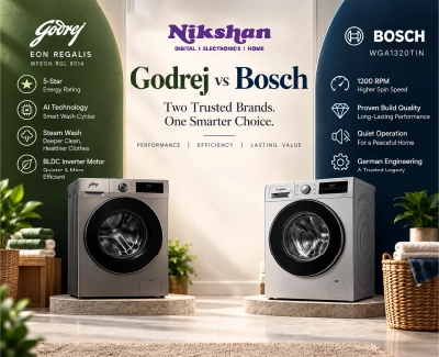 Godrej vs Bosch 8kg front load washing machine comparison by Nikshan Electronics