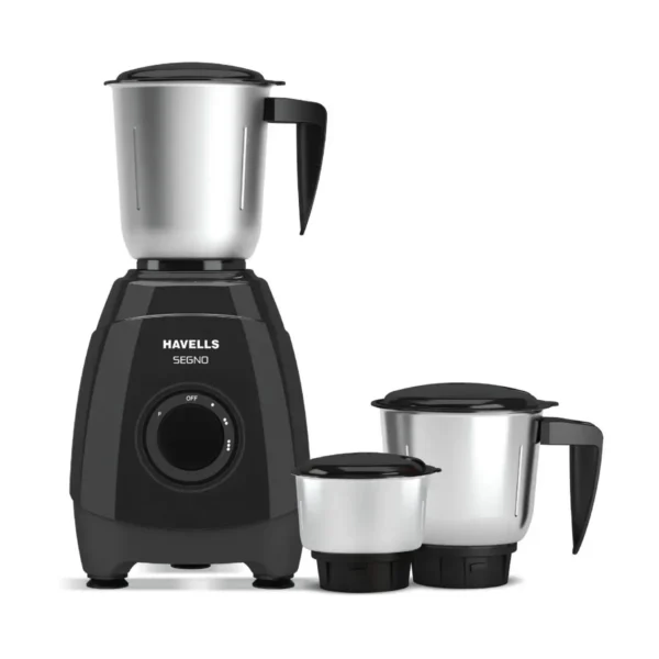 Havells Segno Plus 550W Mixer Grinder with 3 Stainless Steel Jars, 21000 RPM, 3 Speed Control, 304 SS Blades, Black Havells Segno Plus 550W Mixer Grinder with 3 Stainless Steel Jars, 21000 RPM, 3 Speed Control, 304 SS Blades, Black